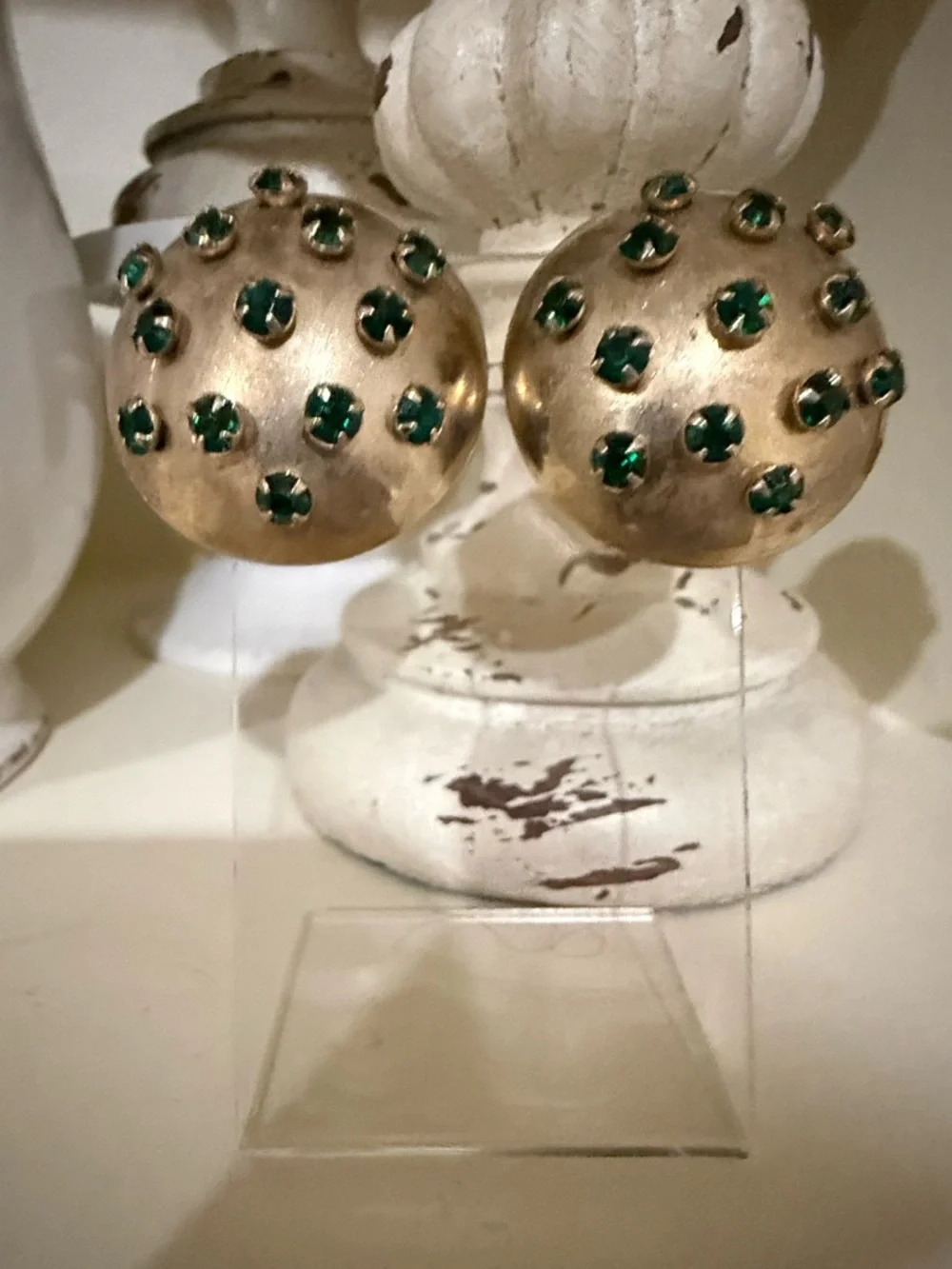 Vintage Gold and Emerald Clip on Dome Earrings